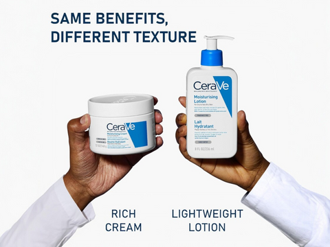 CeraVe rich cream and lightweight lotion held by hands against a white background