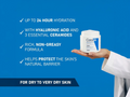 CeraVe jar held by a hand with product features listed on a blue background