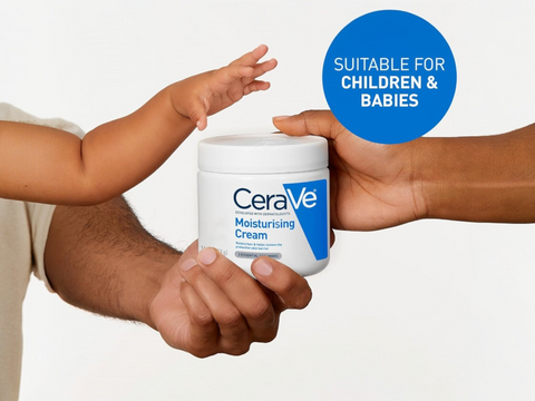 CeraVe moisturizing cream being passed from an adult to a child's hand on a white background