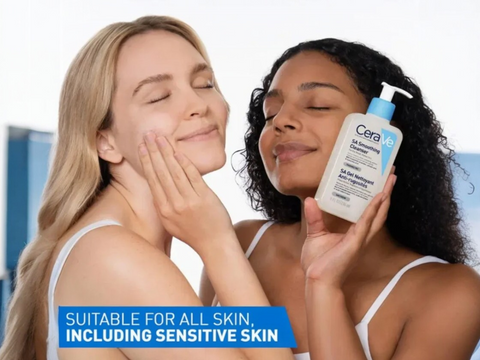 Two women using Cera+ skincare product with a clear background