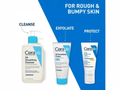 CeraVe skincare products for rough and bumpy skin with text indicating cleanse, exfoliate, and protect steps.