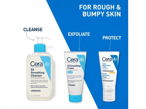 CeraVe skincare products for rough and bumpy skin with text indicating cleanse, exfoliate, and protect steps.