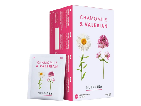 NutraTea Chamomile & Valerian Root Herbal Tea 20 Biodegradable Tea Bags 40g front box packaging