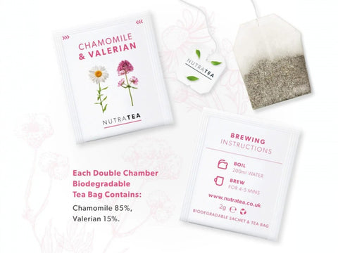 NutraTea Chamomile & Valerian Root Herbal Tea 20 Biodegradable Tea Bags 40g close up of tea bags and how to use instructions