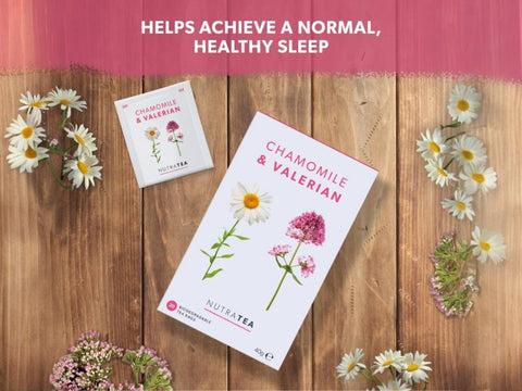 NutraTea Chamomile & Valerian Root Herbal Tea 20 Biodegradable Tea Bags 40g front box packaging laying down