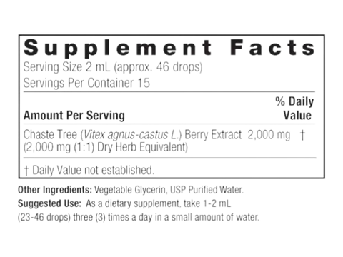 Nature’s Answer Chasteberry Liquid Extract 30ml supplement information panel