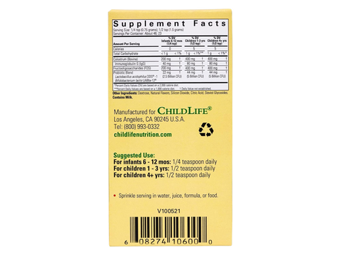 ChildBiotics Probiotics with Colostrum Powder 34.5g box supplement facts