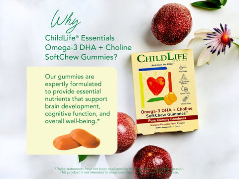 ChildLife Omega-3 DHA + Choline SoftChew Gummies 27 tablets product with passion fruit ingredients