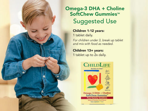 ChildLife Omega-3 DHA + Choline SoftChew Gummies 27 tablets suggested use for children and teens
