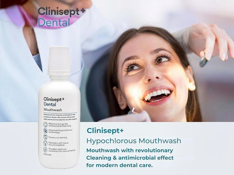 Clinisept Dental mouthwash bottle with a dental patient in the background