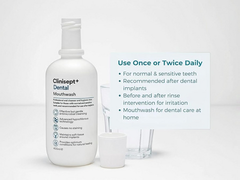 Clinisept Dental Mouthwash bottle with usage instructions on a white background
