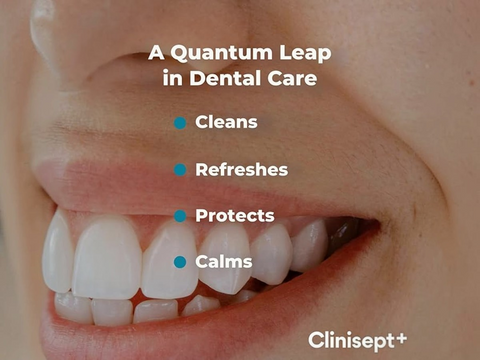 Close-up of a mouth with white teeth, featuring text about dental care benefits and the Clinisept+ brand.