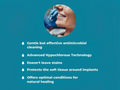 Teal background with text about antimicrobial cleaning and features, featuring a close-up of a person's mouth with dental tools.