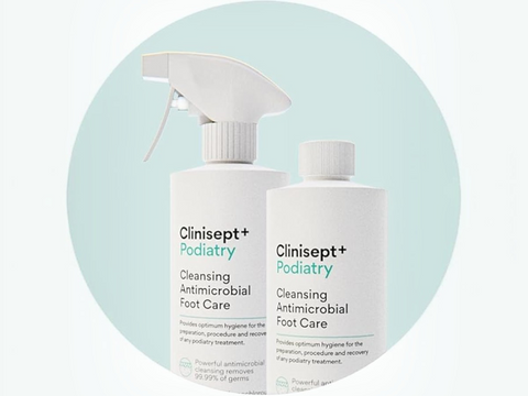 Two Clinisept+ Podiatry foot care products on a light green background