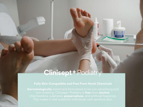Person receiving a pedicure with gloved hands, Clinisept+ Podiatry branding visible.
