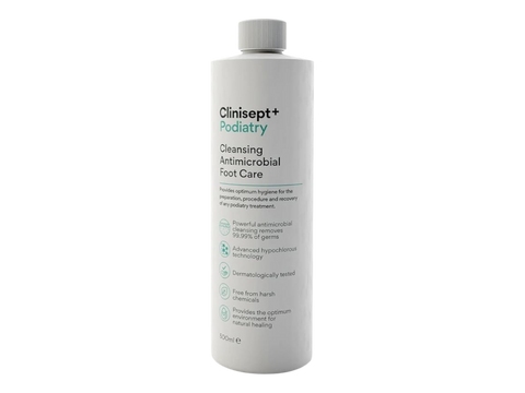 Clinisept+ Podiatry cleansing antimicrobial foot care product on a white background