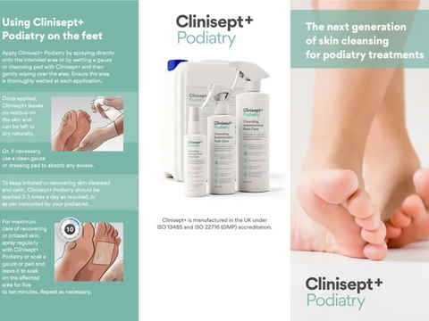 Clinisept+ Podiatry product packaging and usage instructions on a white background