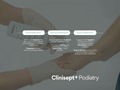 Person applying a product to a foot with text on treatment phases, labeled 'Clinisept+ Podiatry'.