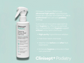 Clinisept+ Podiatry cleaning solution bottle on a light blue background with product description text.