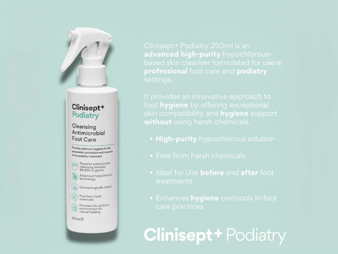 Clinisept+ Podiatry cleaning solution bottle on a light blue background with product description text.