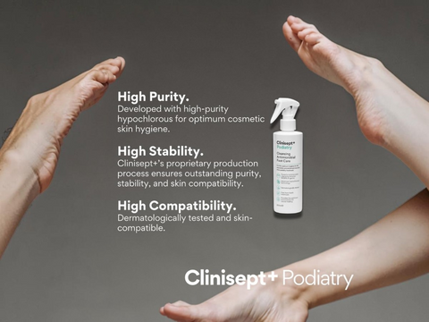 Clinisept+ Podiatry product with hands holding it against a gray background