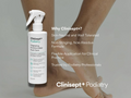 Clinisept+ Podiatry cleaning antimicrobial foot care spray bottle with text on a gray background