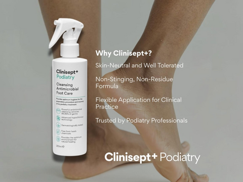 Clinisept+ Podiatry cleaning antimicrobial foot care spray bottle with text on a gray background