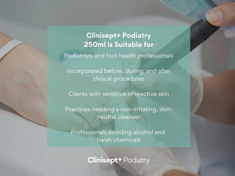 Clinisept+ Podiatry product with text about its use in podiatry and foot health.