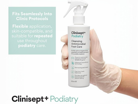Clinisept+ Podiatry foot care product being held in a gloved hand with promotional text on a light gray background.