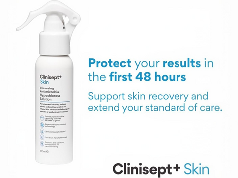 Clinisept+ Skin spray bottle with promotional text on a white background