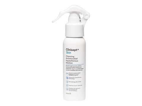 Clinisept Skin cleansing antimicrobial solution spray bottle on a white background