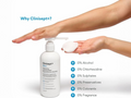 Clinisept skin cleaning solution bottle with a hand holding a soap bar on a white background