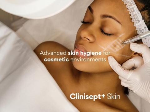 Person receiving cosmetic treatment with text 'Advanced skin hygiene for cosmetic environments' and 'Clinisept+ Skin'.