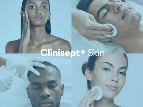 Collage of people using Clinisept+ Skin products with a blue overlay.