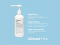 Clinisept+ Skin bottle on a light blue background with product features text.