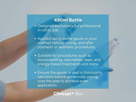 Clinisept+ Skin product with text about 490ml bottle for professional use.