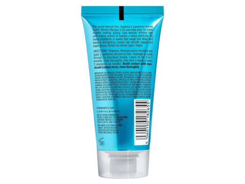 Back label of Color Wow Money Masque 50ml showing instructions, ingredients and barcode.