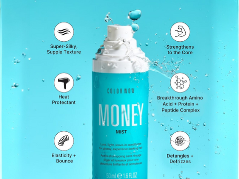 Color Wow Money Mist Luxe Light & Leave-In Conditioner 50ml angled bottle close up showing label text