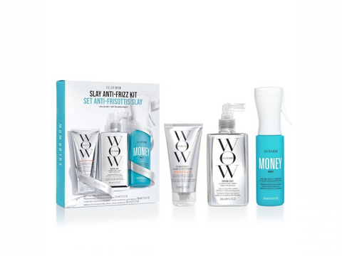 Color Wow Slay Anti-Frizz Kit box with shampoo, leave-in conditioner, and Dream Coat spray.