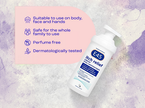E45 itch relief cream bottle with product features on a textured background