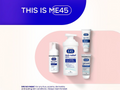 E45 itch relief products on a pink and blue background with 'THIS IS ME45' branding.