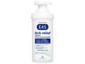 E45 itch relief cream bottle on a white background
