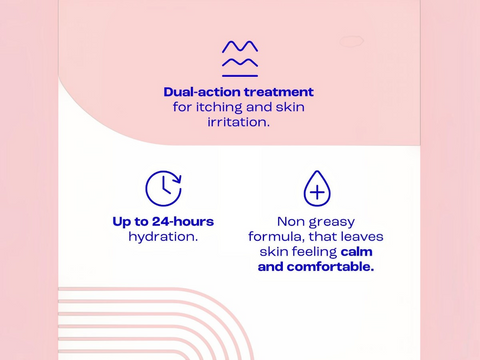 Product advertisement with text about a dual-action treatment for itching and skin irritation on a pink background.