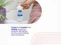 Hand holding a bottle of E45 Itch Relief cream with text about its uses.