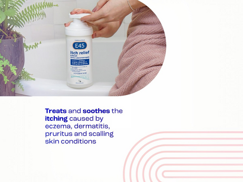 Hand holding a bottle of E45 Itch Relief cream with text about its uses.