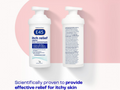 Two bottles of E45 itch relief cream on a pink background with text about effective relief for itchy skin.