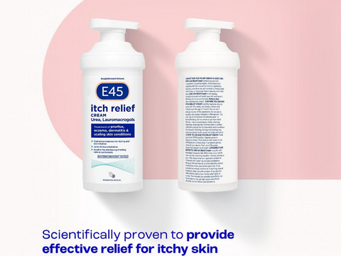 Two bottles of E45 itch relief cream on a pink background with text about effective relief for itchy skin.