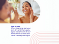 Woman applying moisturizer with text on how to use it