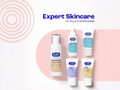 E45 skincare products on a pink background with 'Expert Skincare' text.