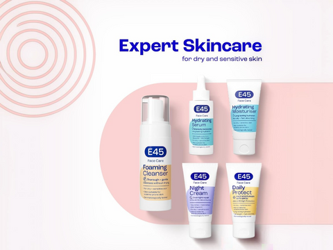 E45 skincare products on a pink background with 'Expert Skincare' text.